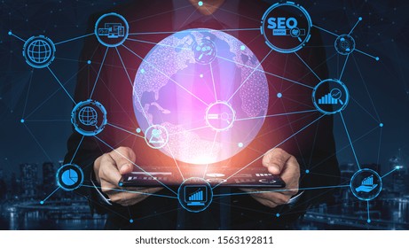 SEO - Search Engine Optimization for Online Marketing Concept. Modern graphic interface showing symbol of keyword research website promotion by optimize customer searching and analyze market strategy.
