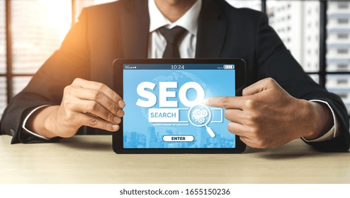 SEO - Search Engine Optimization for Online Marketing Concept. Modern graphic interface showing symbol of keyword research website promotion by optimize customer searching and analyze market strategy.