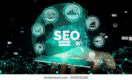 SEO - Search Engine Optimization for Online Marketing conceptual. Modern graphic interface showing symbol of keyword research website promotion by optimize customer search and analyze market strategy.