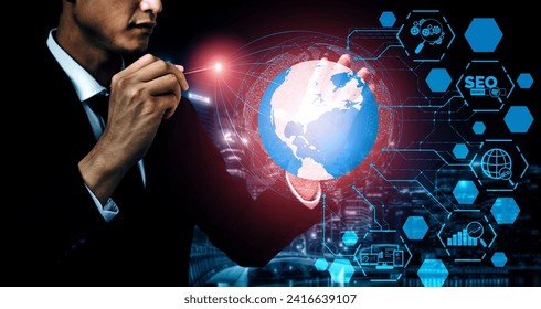 SEO - Search Engine Optimization for Online Marketing Concept. Modern interface showing symbol of keyword research website promotion by optimize customer searching and analyze market strategy. uds