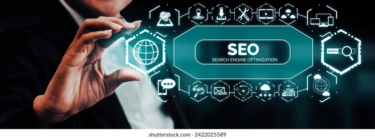 SEO - Search Engine Optimization for Online Marketing Concept. Modern interface showing symbol of keyword research website promotion by optimize customer searching and analyze market strategy. uds
