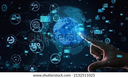 SEO - Search Engine Optimization for Online Marketing conceptual. Modern graphic interface showing symbol of keyword research website promotion by optimize customer search and analyze market strategy.