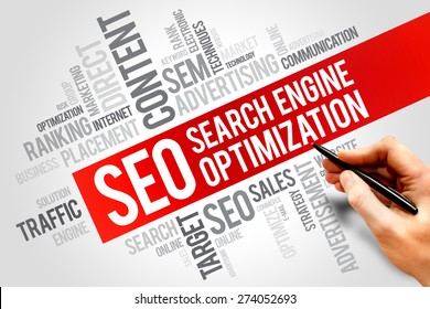 SEO Search Engine Optimization - process of improving the quality and quantity of website traffic to a website from search engines, word cloud concept background - Shutterstock ID 274052693