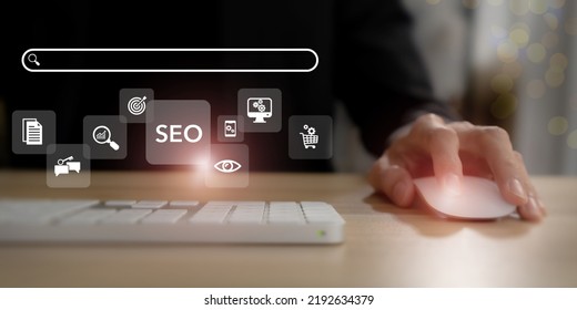 SEO, Search Engine Optimization ranking concept.  Digital marketing strategy of promote traffic to website. Working on computer with the icon of online search engine, abbreviation SEO and SEO symbol.  - Shutterstock ID 2192634379