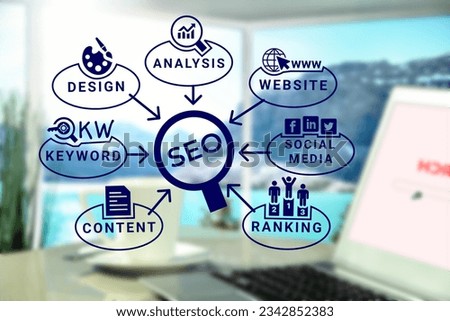 SEO, Search Engine Optimization ranking concept, magnifying glass, the idea of promote traffic to website