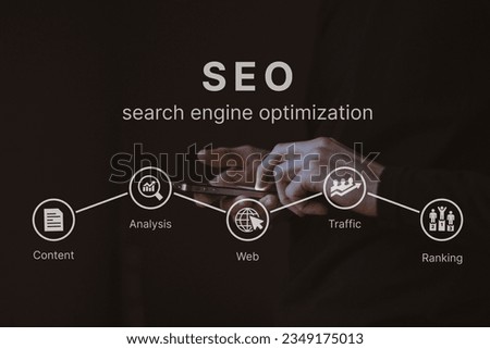 SEO, Search Engine Optimization ranking concept, magnifying glass, the idea of promote traffic to website