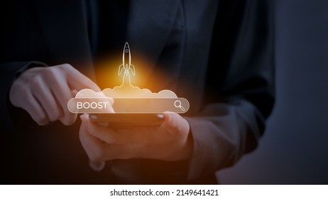 SEO Search Engine Optimization, Rocket is launching and soar flying out from screen with search bar and text BOOST , optimizing your website to rank in search engines or SEO.
