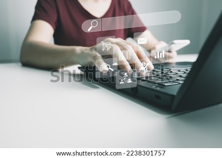 SEO Search Engine Optimization, Searching for information on Internet with PC, using website search bar to find the desired data, global data connection, shopping online, database storage system.