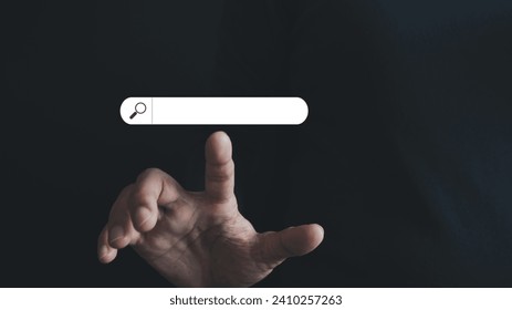 SEO Search engine optimization, Search technology, client using a finger point to search for information, using website search bar to find data, information or shopping online.