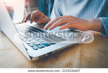 SEO Search engine optimization, Search technology, women's hands using a computer keyboard to search for information, using websites search bar to find the desired information or shopping online.