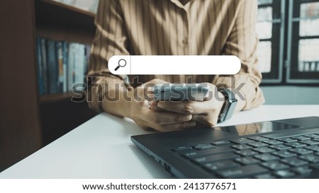 SEO Search engine optimization, Search technology, women's hands using mobile phone to search for information, using websites search bar to find the desired information or shopping online.