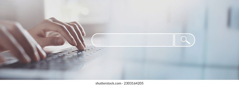 SEO, Search Engine Optimization. Woman typing on laptop computer keyboard searching the information, internet browsing. Web page banner, data search technology - Shutterstock ID 2303164205