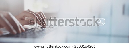 SEO, Search Engine Optimization. Woman typing on laptop computer keyboard searching the information, internet browsing. Web page banner, data search technology