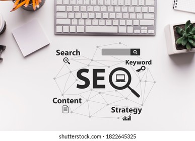 Seo Strategy. Seo-Optimization Scheme With Words Over White Office Desk Background With Computer Keyboard. Search Engine Optimization For Internet Content. Collage, Top View - Shutterstock ID 1822645325