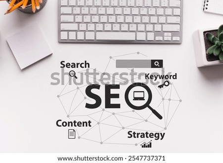 Seo Strategy. Seo-Optimization Scheme With Words Over White Office Desk Background With Computer Keyboard. Search Engine Optimization For Internet Content. Collage, Top View
