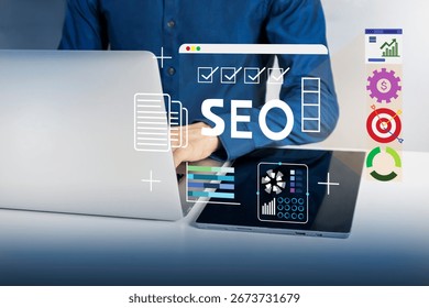 SEO Technology Concept The process of improving a website to be ranked higher in search results on search engines, targeting business groups, and improving the quality of the website.