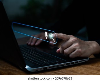 SEO Technology Search Engine Optimization Man's hands are searching for what they are looking for on a computer laptop. Using your website to search for information. Networking over the internet