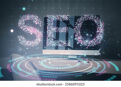 SEO text with digital particles on a computer screen, futuristic holographic interface on a desk, glowing network connections, modern technology concept