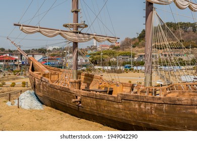 Seocheon, South Korea; March 23, 2021: Replica Of 14th Century British Ship, Lyra, In Park At Maryong Port.