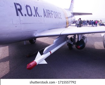 Seongnam Korea-October 20 2019:AIM-9 Sidewinder Missile Model Mounted On F-86 Saber Displayed At 2019 Seoul Air Show.