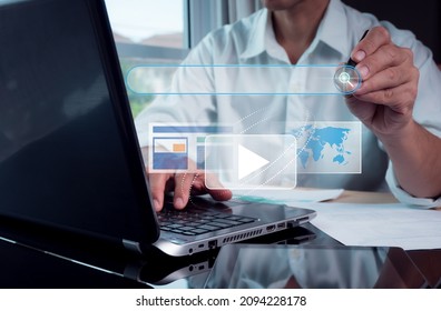 SEO,Search Engine Optimization and Data Search Technology.A man's hand are searching for what they are looking for on computer laptop.Using website to look for information.Networking over the internet