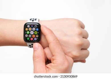 Seoul - 05.02.2022: Male Hand With Apple Watch On White Background Close-up.