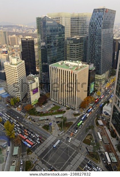 SEOUL - CIRCA\
NOVEMBER 2014.  As in many other major global city centers, Seoul\
has its urban congestion and pollution problems as a view into the\
heart of Seoul\
demonstrates.