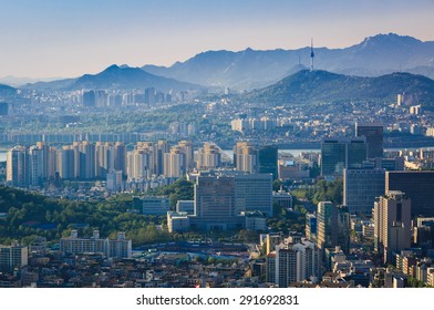 Seoul City And Downtown Skyline In Aerial, South Korea