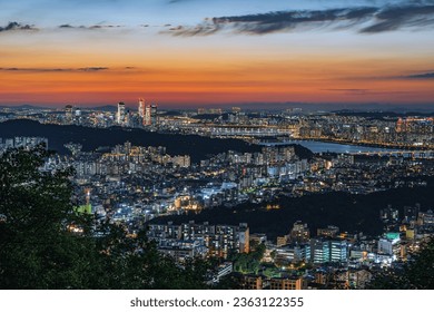 Seoul City Night View under the Golden Sunset, Seoul City Skyline, Han River Night Scene