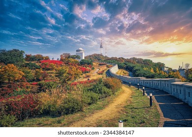 seoul city scenic spot landmark south korea
The best viewpoint in Namsan Park during the autumn leaves and beautiful clouds at Seoul Tower
