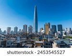 Seoul cityscapes, skyline, high rise office buildings and skyscrapers with blue sky and cloud in Seoul city, winter daylight, top view in winter, Seoul, Republic of Korea, 