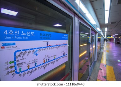 Seoul -June 13 2018 Tram Subway Station  Government Complex Gwacheon  Line 4 Route Map For Danggogae  Travel By Metro South Korea