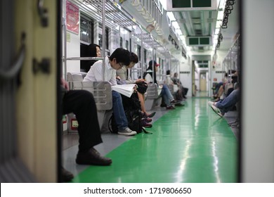 SEOUL, KOREA - APR 29, 2012: View Of Passengers On The Train In Seoul Metropolitan Subway. 