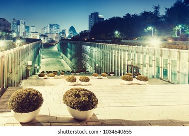 SEOUL, KOREA - AUGUST 12, 2015: Ewha Womans University main library building at night time - very prestigious school in Seoul, Korea