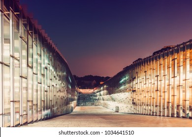 SEOUL, KOREA - AUGUST 12, 2015: Ewha Womans University Main Library Building At Night Time - Very Prestigious School In Seoul, South Korea