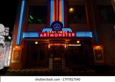 Seoul, Korea - August 15 2020: Night Portrait Of Art Monster Pub In The Yeongdeungpo District Of Seoul, Korea. 