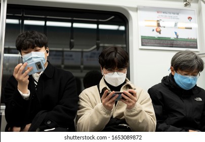 Seoul, Korea, February 23, 2020 :  People Wearing Masks In Subway Because Of COVID-19 Virus.