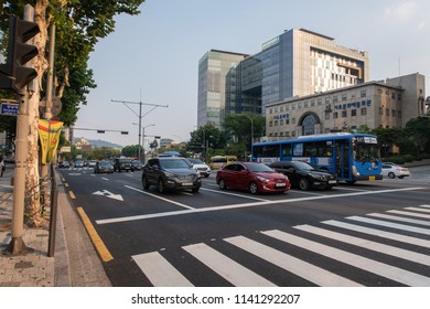 Seoul, Korea - July 24, 2018: A View Of Gangnam-daero Avenue Showing Seocho Cultural Center And Seoul Family Court In Gangnam District, Seoul, Korea.