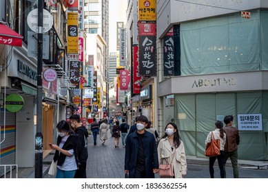 Seoul, Korea, October 18, 2020: Tourist At Myung-dong Shopping Street.