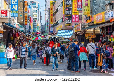 SEOUL, KOREA, OCTOBER 20, 2019: People are strolling through Namdaemun Market in Seoul, Republic of Korea