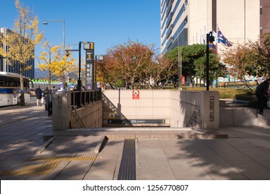 Seoul, Korea - October 31, 2018: The exit 3 of Gwanghwamun station of the Seoul Subway Line 5.