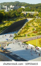 Seoul, Korea - September 22, 2009: Aerial View Of Students Walking Around Ewha Campus Center At Ewha Womans University, The World's Largest All Female Institute