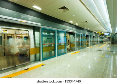 Seoul, Korea - September 8, 2009: Open subway car doors and gates at modern, clean station platform of the Seoul metro system, the worlds most extensive by length