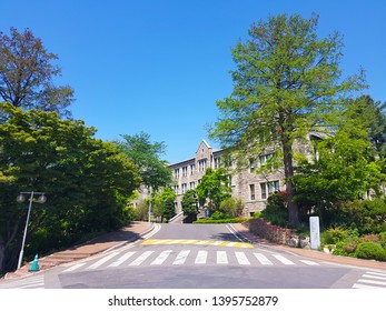Seoul, KR - MAY 6, 2019: Exterior of the Ewha Womans University, a private women's university that founded in 1886 and currently the largest female educational institute in South Korea.
