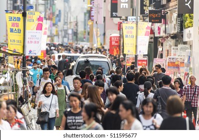 SEOUL - SEPT 24: People At Myeongdong Street In Seoul On September 24. 2016 In South Korea