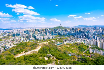 Seoul Skyline, South Korea. View From Inwangsan Mountain,The High Angle View Of Seoul During The Day With The Blue Sky And Beautiful Clouds.