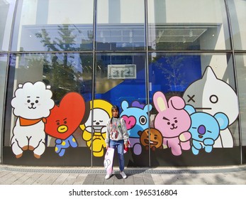 Seoul, South Korea, 2019; Fan Girls Going To Concert, Especially ARMY Of BTS In Front Of BT21 Line Store At Gangnam. 