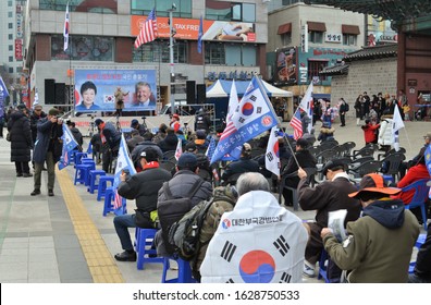 Seoul South Korea 25 January 2020:demonstration in Seoul against Moon Jae-in administration with protesters waving American and south Korean flags