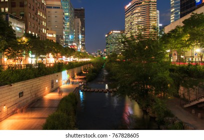 Seoul, South Korea- 25th Sep 2016: Night view of Cheonggyecheon Stream in Seoul.