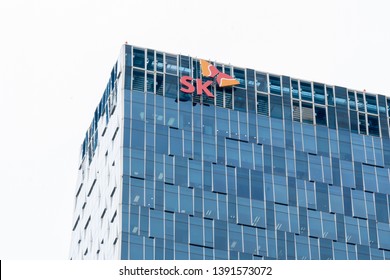 Seoul, South Korea - April 10, 2019: SK sign on the building of SK Telecom Headquarters in Seoul, South Korea. SK Telecom Co., Ltd. is a South Korean wireless telecommunications operator. 
